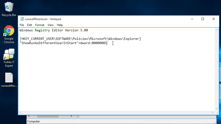 Add run as a different user in Windows 10