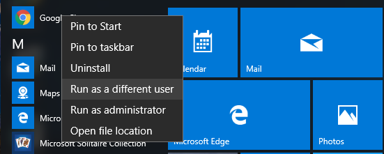 Add run as a different user in Windows 10