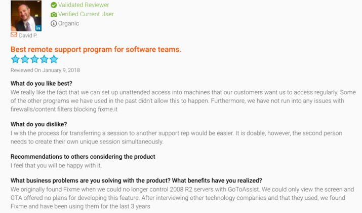 FixMe.IT customer review on G2Crowd