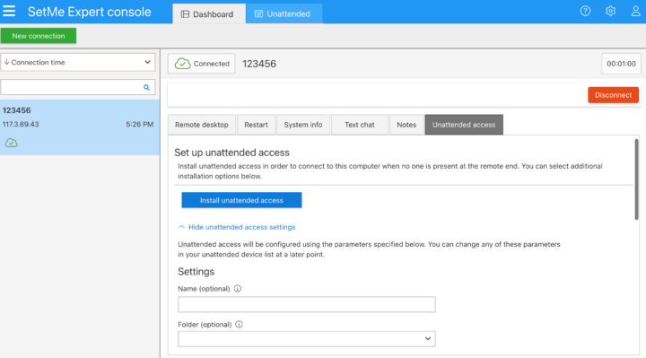 Install SetMe unattended access from a remote support session